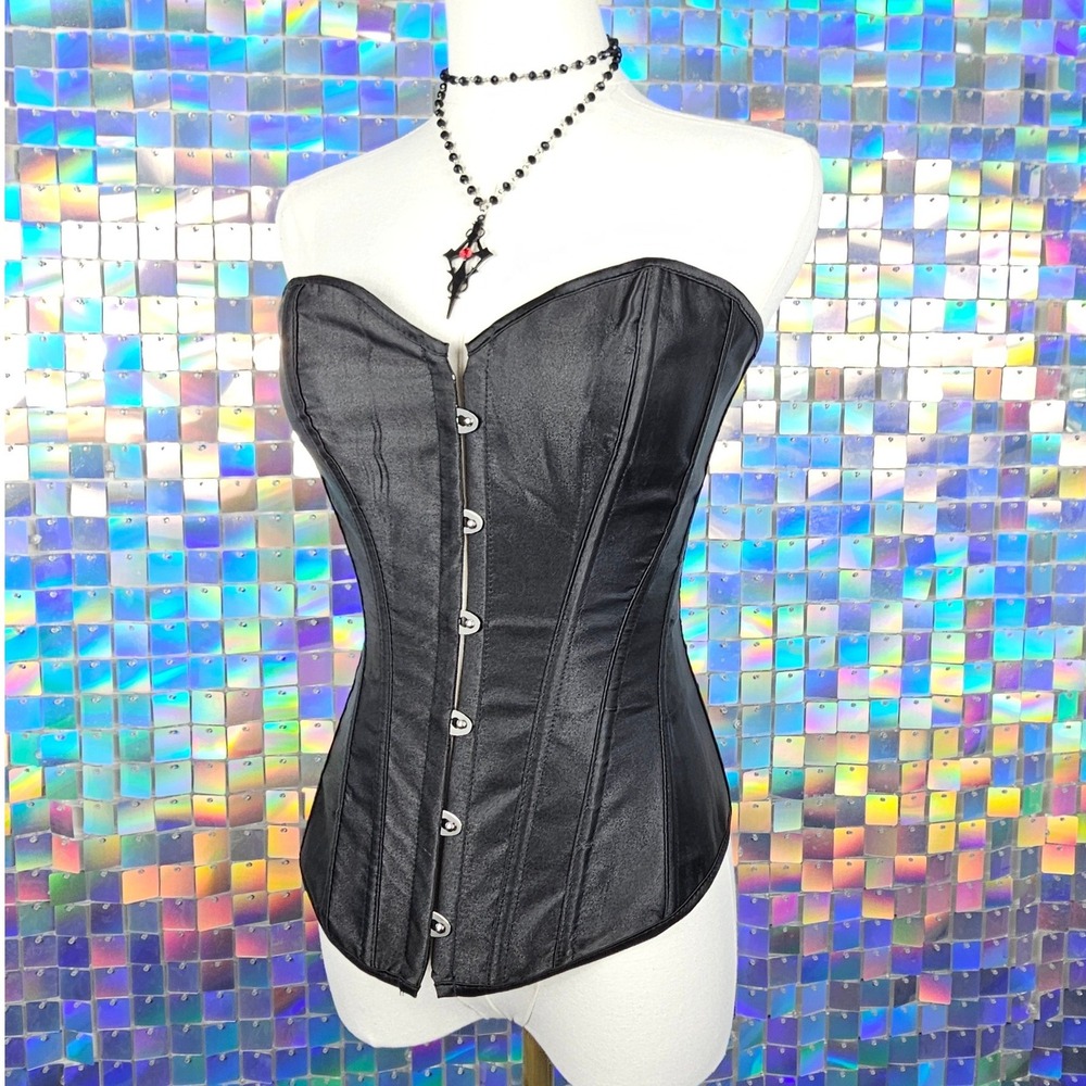 Satin Corset Top Women S Black Excellent‎ Lace Up Busk Boned Goth - Picture 3 of 10